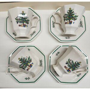 Octagon Shape Christmas Mugs & Saucer Sets Nikko Christmastime Japan Ceramic